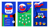 Fototapeta Panele - Slovakia Football team 2024 vertical banner set for social media. europe Football 2024 banner with group, pin flag, match schedule and line-up on soccer field.