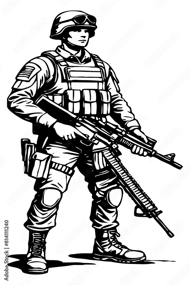 Fictional soldier character. Line art. Black and white illustration for ...