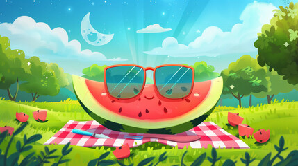 Canvas Print - Illustration of a cute watermelon slice in sunglasses at a summer picnic 