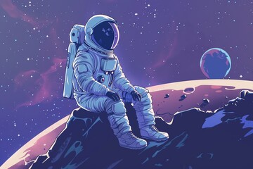 an astronaut sits on a rocky moon, looking out at the stars