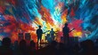 © Sataporn - A rock band is playing on a stage. The background is a colorful abstract painting. The band members are in silhouette. The crowd is cheering.