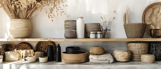 A variety of stylish and functional home decor items are displayed on a wooden shelf