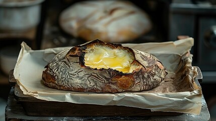 Poster -   A slice of bread resting atop wax paper positioned atop another sheet of wax paper