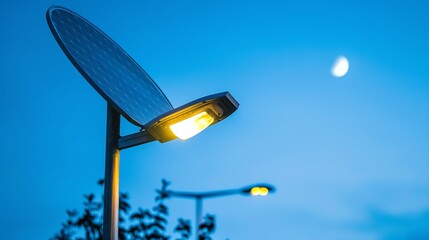 A solar-powered street light illuminates a dark street at night.