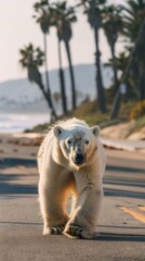 Wall Mural - A polar bear walking down a street near the ocean. Generative AI.