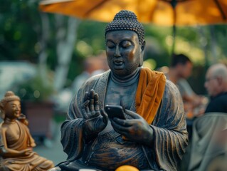 A statue of a buddha statue sitting on a table with a phone in his hand. Generative AI.