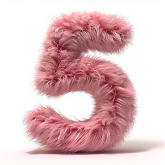 cute pink number 5 as fur shape on a white background.