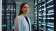 woman doctor, scientist, or researcher, working in a medical research lab wearing a white lab coat