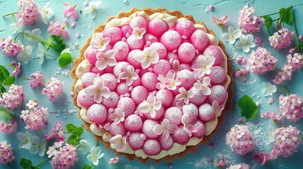 Wall Mural -  A cake with pink frosting and white decorations sits on a blue table with pink and white flower arrangements