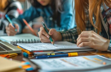 Poster - A group of people sitting at a table with notebooks and pencils. Generative AI.