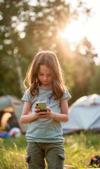 Wall Mural - A young girl standing in the grass looking at her cell phone. Generative AI.