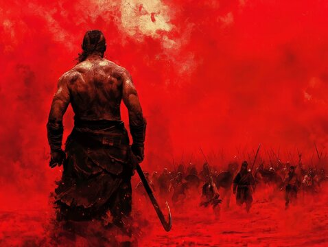 A man with a sword stands in front of a group of warriors. The image is red and has a dark, ominous mood