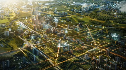 Aerial View of Smart City Highlighting IoT and Business Efficiency