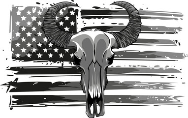 Sticker - Illustration of monochrome buffalo skull on american flag. Design element for logo, label, sign, emblem. Vector illustration