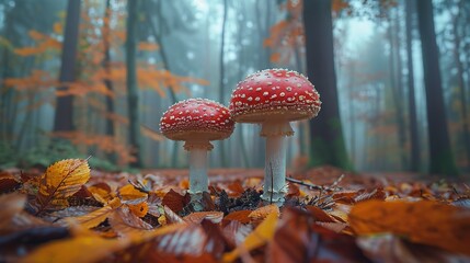 Canvas Print -   A pair of mushrooms perch atop a mound of foliage alongside a dense woodland teeming with arboreal life