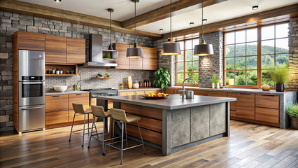 a contemporary kitchen with a mix of textures, including wood, metal, and stone, creating a visually