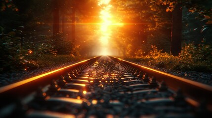 Poster -   A train track in a forest with sunlight filtering through the trees on the opposite side