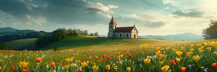 Poster - A church overlooking a green tulip field realistic nature and landscape