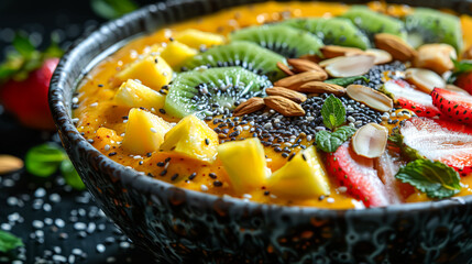 Wall Mural - A bowl of fruit salad with strawberries, kiwi, and pineapple. The bowl is white and has a green leaf on the side