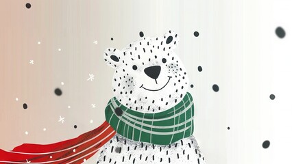 Wall Mural -  A Polar Bear wearing a Green-Red Scarf with Snowflakes below