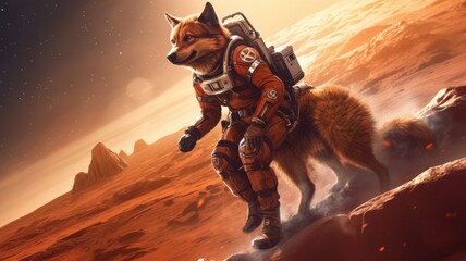 Wall Mural - astronaut with a dog on a desert alien planet. space dog wearing astronaut suit. digital art concept
