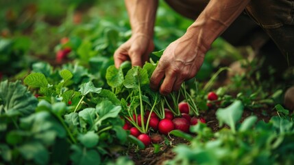 Wall Mural - A man collects fresh radishes in the garden, close-up of his hands.
