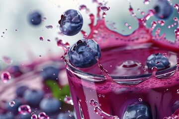 Wall Mural - refreshing blueberry juice or smoothie splash with fresh berries liquid super food design 3d illustration