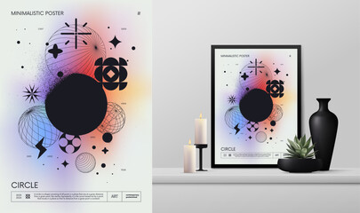 Leinwandbilder - Vector gradient minimalistic rave Poster with strange wireframes graphic assets geometrical shapes Y2K design brutalism and mockup in the interior, 3d form spheres and circle with dissolving effect