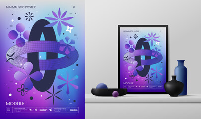 Leinwandbilder - Vector gradient minimalistic rave Poster with strange wireframes graphic assets of geometrical shapes Y2K design inspired by brutalism and mockup in the interior, two intersecting tori in blue color