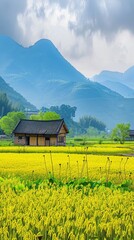 Wall Mural - Countryside, yellow wheat fields after rain, beautiful countryside, lotus ponds,