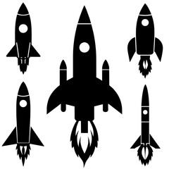 a high resolution vector bundle of rocket ship silhouettes, featuring a variety of rocket spaceship