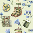 Colorful watercolor camping hiking pattern with bluebell flower, compass, mug, backpack elements. Seamless travel pattern. Hand drawn. For paper, textile, design, fabric. Green background