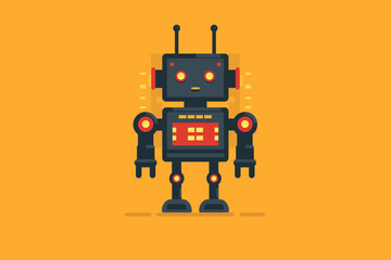 A robot with red and black parts stands on a yellow background