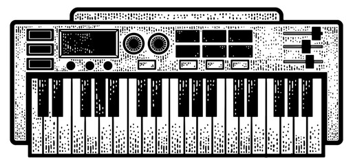 Wall Mural - Synthesizer electronic musical instrument sketch engraving PNG illustration. T-shirt apparel print design. Scratch board imitation. Black and white hand drawn image.