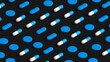 Many white blue capsules, tablets and pills on black background, tablet grid. Drug, tablet, pills top flat view. 3d render illustration