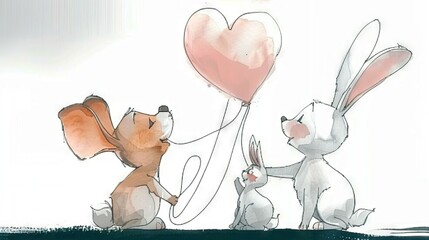 Wall Mural -   A rabbit couple holding a heart-shaped balloon and the other rabbit holding its own tail