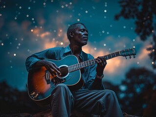 Canvas Print - A man is playing a guitar under a starry sky