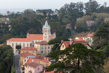 Wall Mural - View of Colorful Buildings Surrounding a Tall Elegant Building in Sintra Portugal