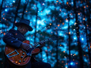 Canvas Print - A man is playing a guitar in a forest. The image has a dreamy and peaceful mood, with the man sitting on the ground and the guitar in his hands. The forest setting adds to the serene atmosphere