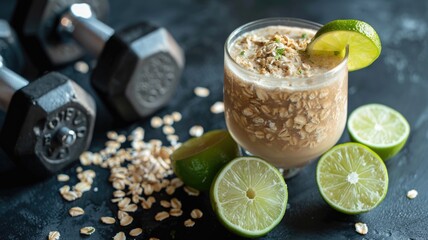 glass of oatzempic drink made from oats, water, and lime next to dumbbells, emphasizing post-workout refreshment for fitness