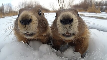 Wall Mural -   Two groundhogs stand in snow, eyes wide, mouths agape