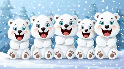 Sticker -   A group of white polar bears sit together on a snow-covered ground, surrounded by trees