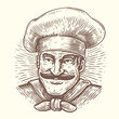 Chef in hat. Hand drawn portrait of cook. Sketch drawing for cafe and restaurant menu