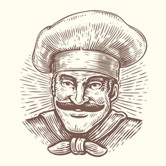 Wall Mural - Chef in hat. Hand drawn portrait of cook. Sketch drawing for cafe and restaurant menu