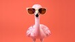 Flamingo with glasses. Close-up portrait of a flamingo. Anthopomorphic creature. A fictional character for advertising and marketing. Humorous character for graphic design.