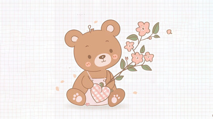 Poster -   A  bear sits atop a table, surrounded by a vase of flowers and a plant