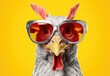 Chicken in glasses close-up. Portrait of a chicken. Anthopomorphic creature. Fictional character for advertising and marketing. Humorous character for graphic design.