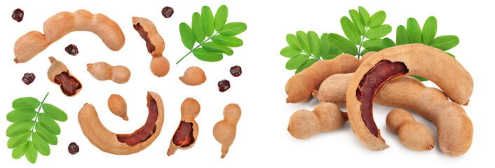 Wall Mural - Tamarind fruit isolated on white background. Top view. Flat lay. Set or collection