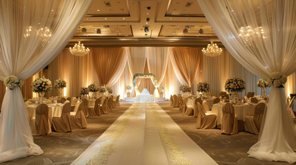 Interior of a wedding tent decoration ready for guests. Wedding hall decoration