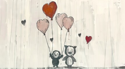 Wall Mural -  Bear and Panda holding heart-shaped balloons under rain